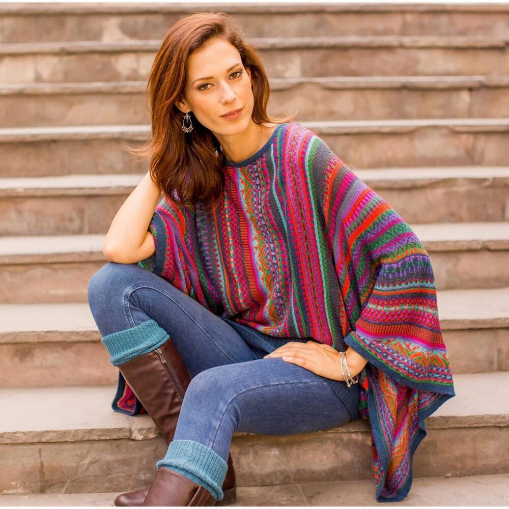 Novica Fiesta of Color Striped Kimono Sleeve Sweater Alpaca Blend Size S/M